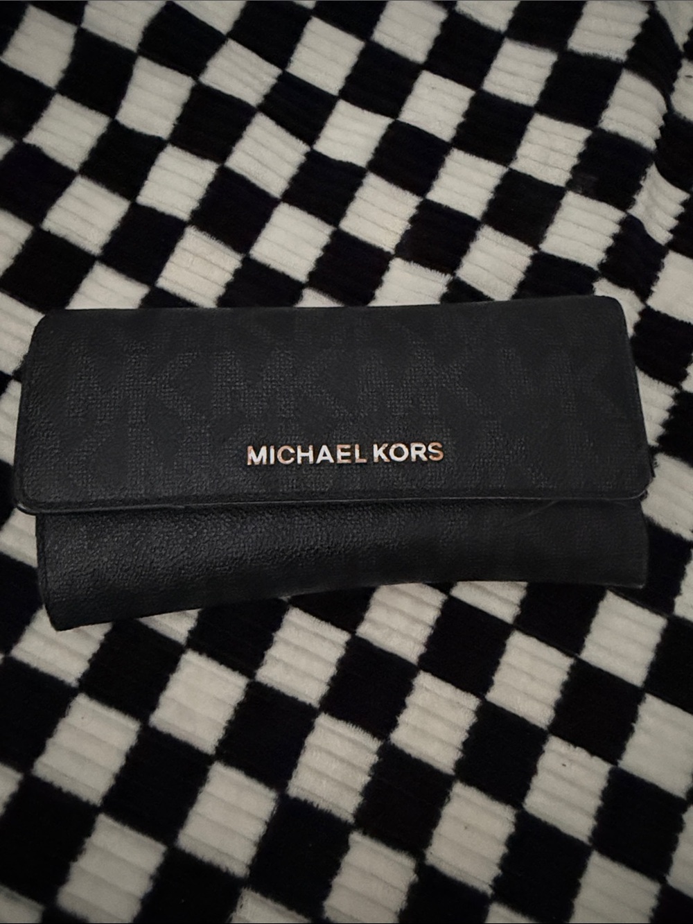 Michael Kors Black Leather Fold-Over Continental Wallet with Gold Logo